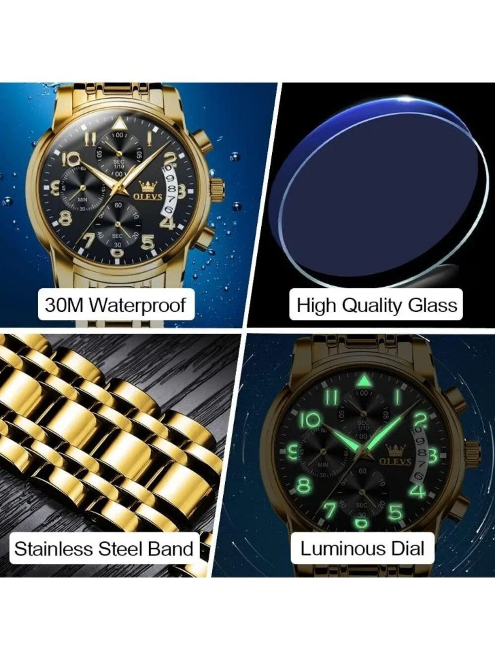 Men's Black Face/Gold Band Stainless Steel Chronograph Waterproof Dress Watch